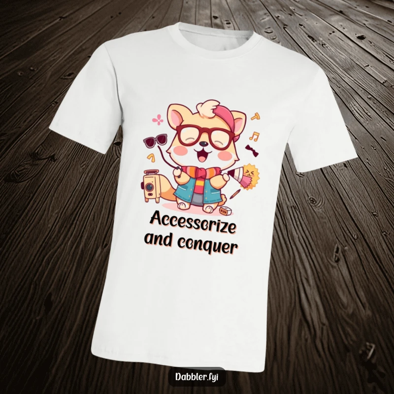 Funny t-shirt showing a delighted animal comically attempting to wear oversized sunglasses and a tiny bowtie.