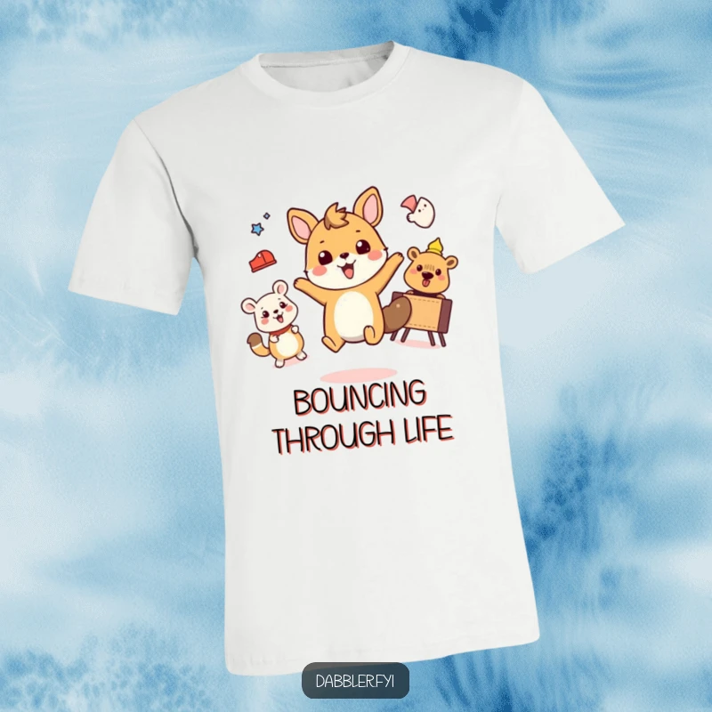 Funny t-shirt depicting a cartoon animal energetically skipping, painting, and petting a cat.