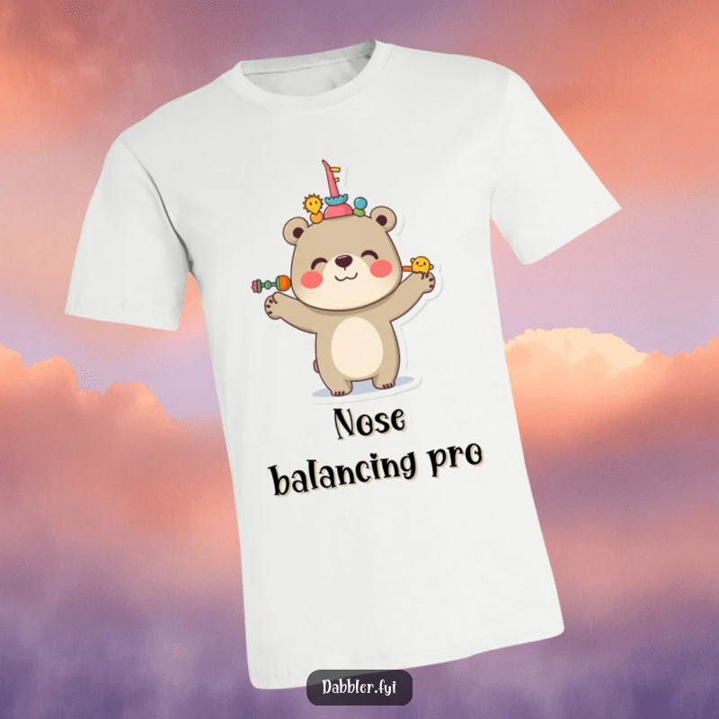 Funny Bear T-Shirt with a cheerful bear balancing various items on its nose, embodying skill and playful humor.