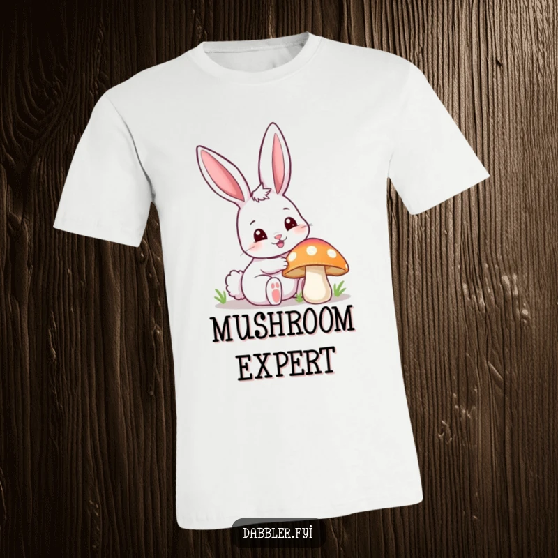 Funny happy bunny t-shirt, curiously poking a colorful mushroom with one ear up, a humorous depiction of nature exploration.