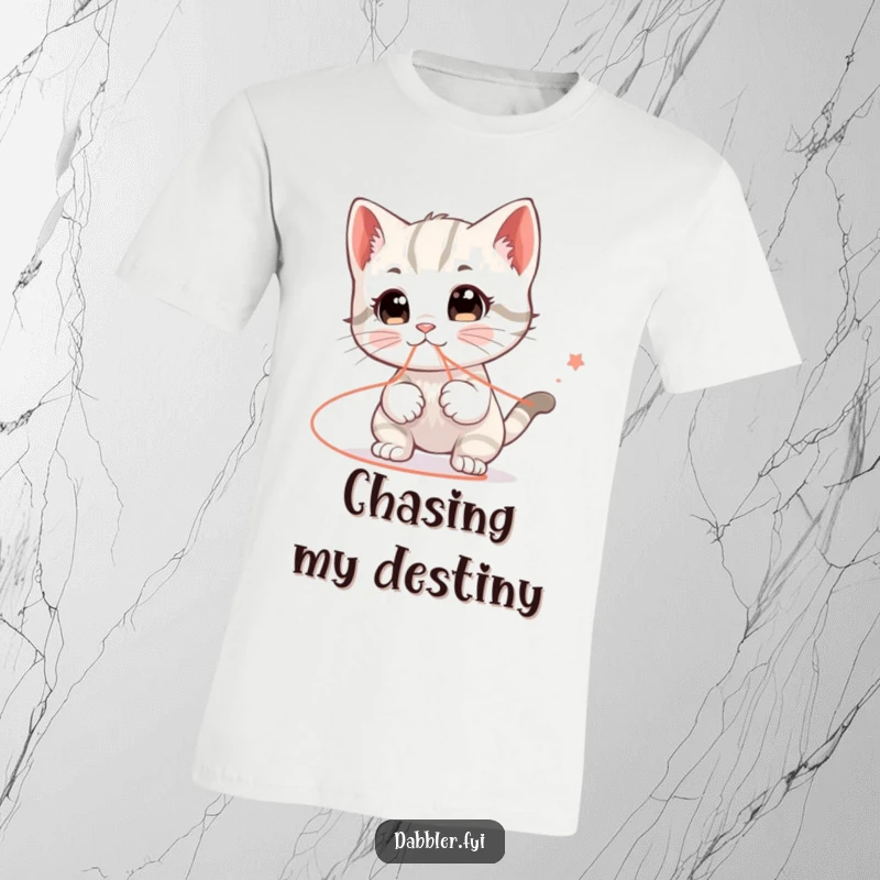 Funny T-shirt depicting a happy kitten character with wide eyes, humorously entangled in a string that leads everywhere with funny abandon.