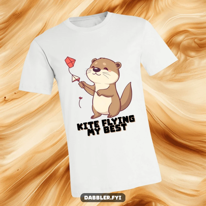 Funny Otter T-Shirt: A determined otter tries to fly a small, handmade kite, radiating persistence and playful ambition.