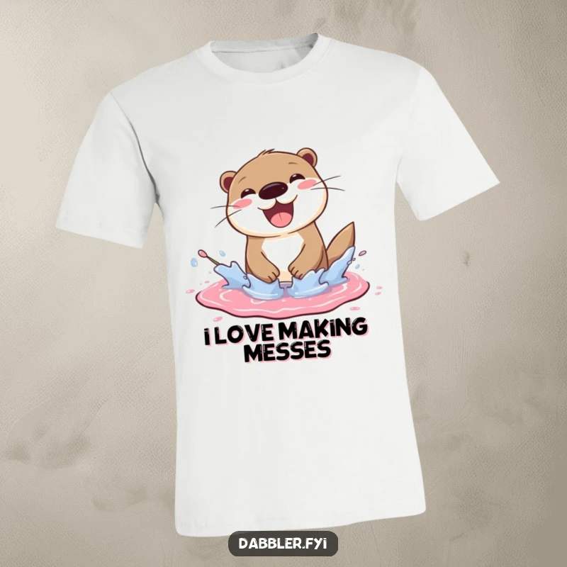Funny otter t-shirt featuring a cheerful otter splashing joyfully in a paint puddle, a fantastic funny gift.