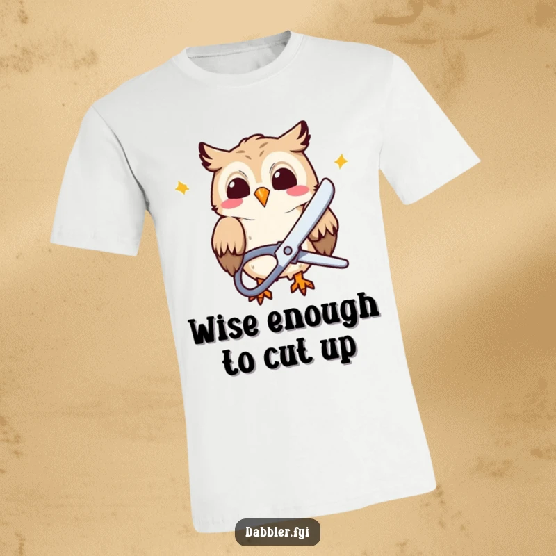 Funny T-Shirt: A giggling owl character wields large scissors, snipping colorful paper with joyful abandon, a funny craft design.