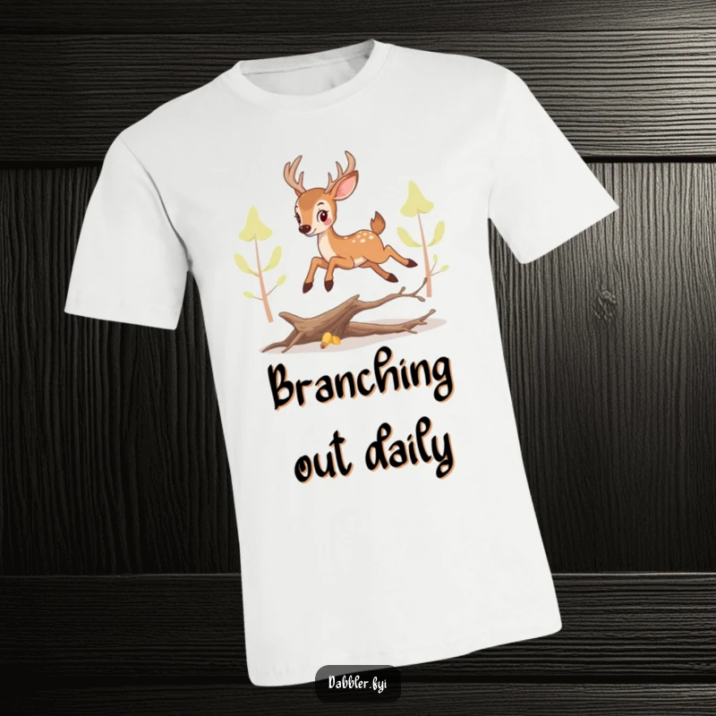 Funny perky deer t-shirt, playfully jumping over a small branch, showcasing energetic and whimsical forest vibes.