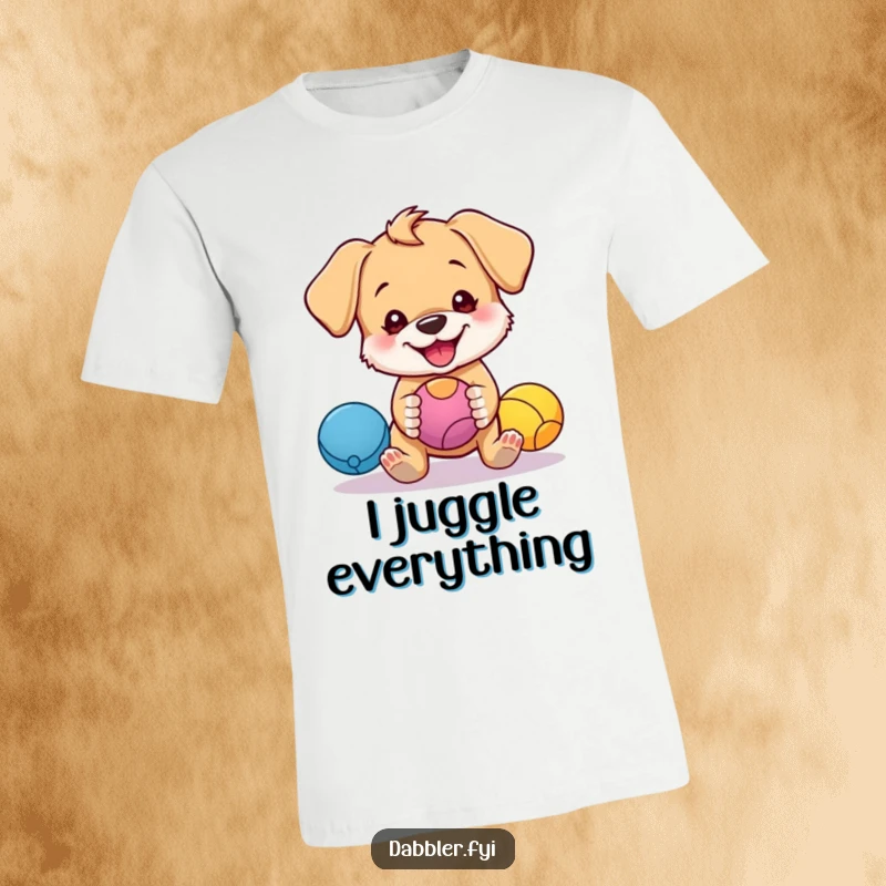 Funny T-shirt depicting a cute puppy character with a mischievous grin, humorously juggling bright balls with hilarious effort.