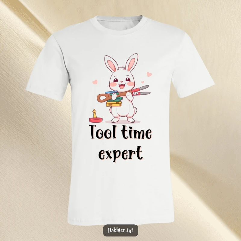 Funny Rabbit T-Shirt: A happy rabbit enthusiastically tries to balance a tall stack of crafting tools, showing dedication and humor.