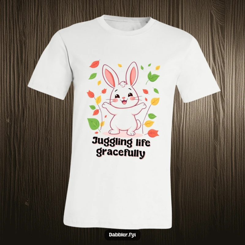 Funny rabbit t-shirt featuring a smiling rabbit joyfully juggling a pile of colorful autumn leaves, embodying seasonal fun.