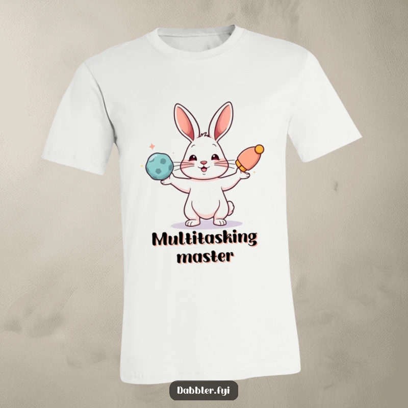 Funny t-shirt featuring a rabbit juggling colorful items, showcasing coordination and humor as a funny gift.