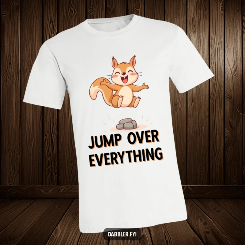 Funny t-shirt graphic of a joyous squirrel leaping energetically over a tiny, imaginary obstacle.