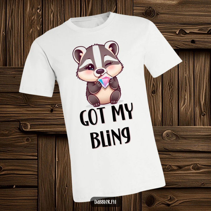 Funny t-shirt graphic of a surprised badger winking mischievously while holding a sparkly gem.