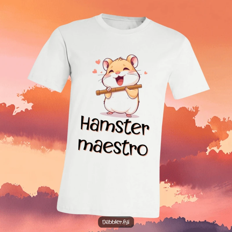 Funny t-shirt with a delighted hamster character playing a miniature flute with joyful abandon, a whimsical musical scene.