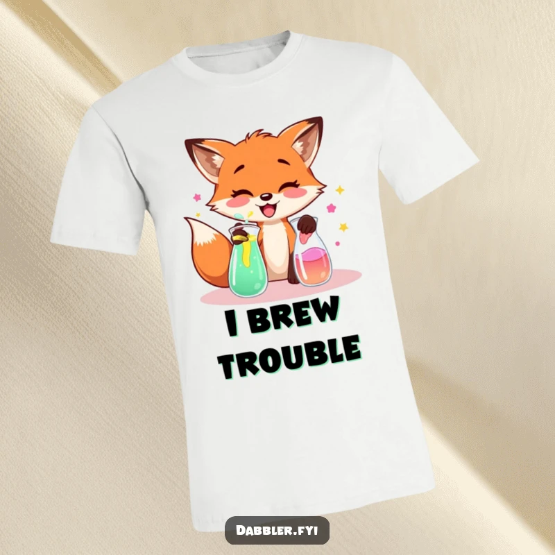 Funny fox t-shirt, gleefully mixing unknown colored liquids, showcasing a mad scientist's playful experimentation.