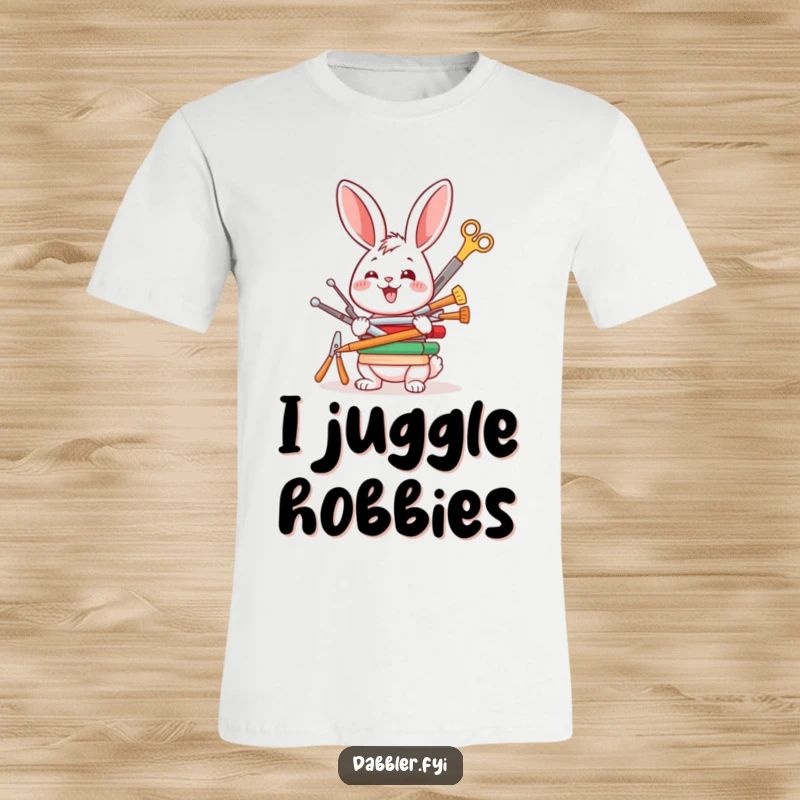Funny t-shirt with a happy rabbit character enthusiastically attempting to balance a tall stack of crafting tools, a humorous scene.