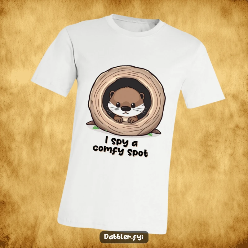 Funny Otter T-Shirt showcasing a curious otter peeking intently into a miniature hollow log, embodying playful exploration.