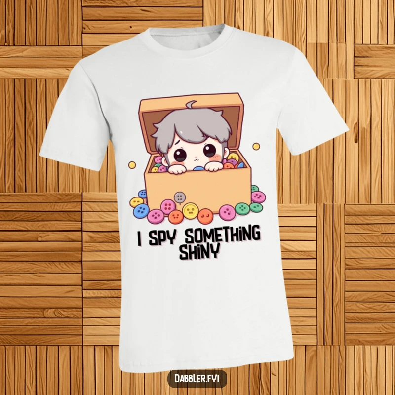Funny t-shirt graphic of a curious character playfully peeking into a box brimming with assorted colorful buttons, highlighting a love for crafting supplies.
