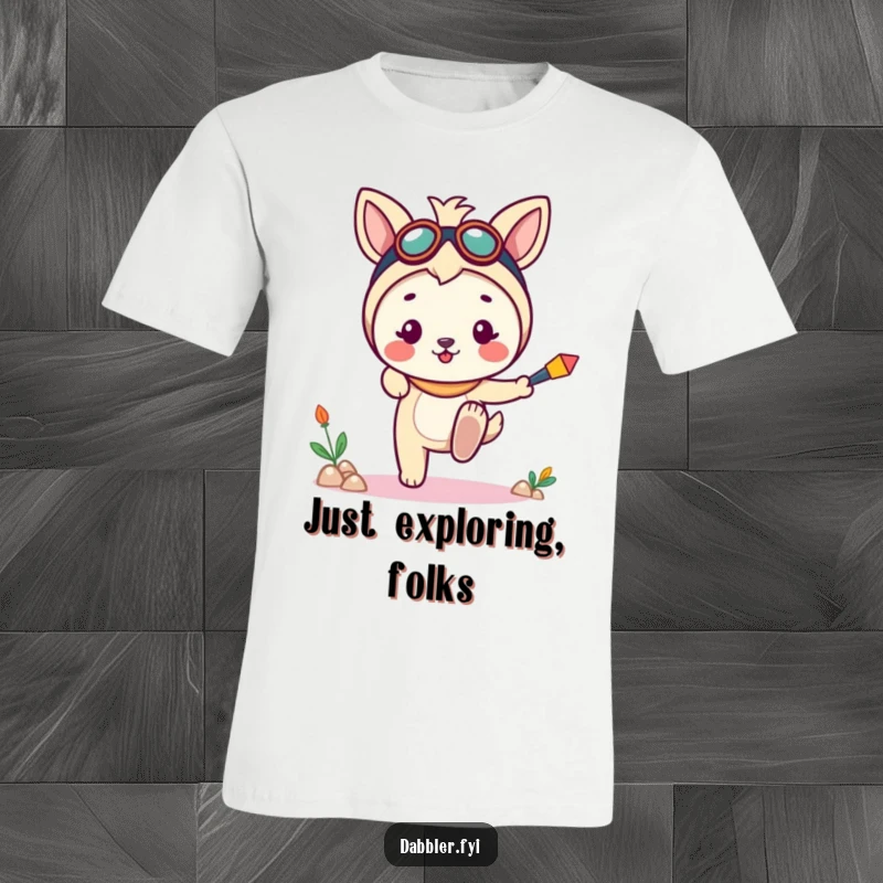 Funny t-shirt depicting a cheerful animal character dipping a toe into a new, fun activity, celebrating the thrill of discovery.