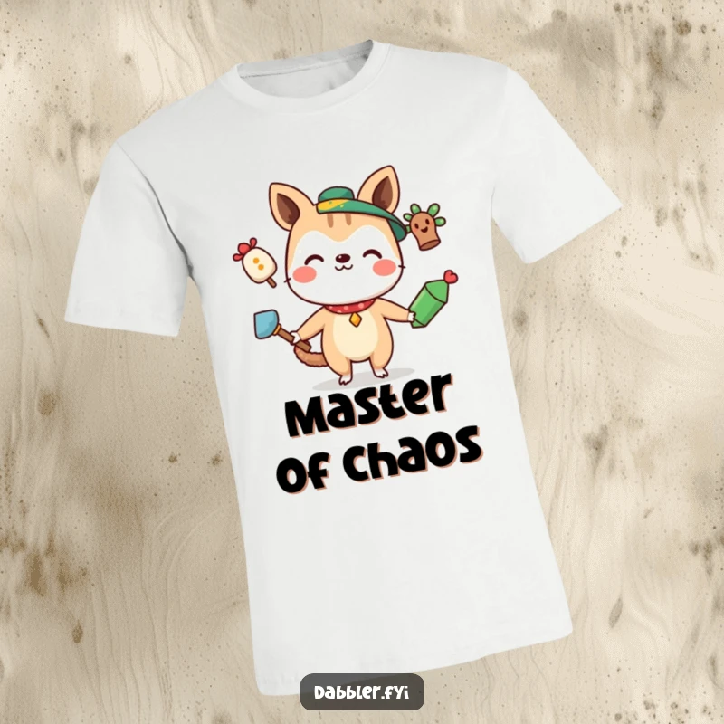 Funny T-Shirt with a curious animal character smiling while juggling three unique and quirky items, embodying playful multitasking.