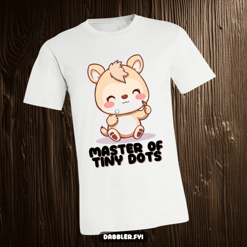 Funny art animal t-shirt depicting a cheerful animal painting a tiny polka dot with enthusiastic focus and artistic flair.