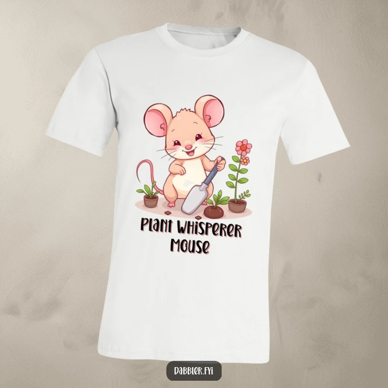 Funny T-Shirt: A happy mouse character diligently arranging miniature plants with a small trowel, conveying gardening joy.