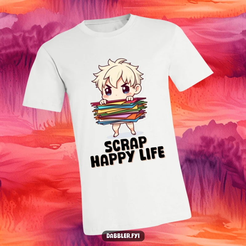 Funny paper balancer t-shirt showing a determined character balancing colorful paper scraps, embodying focus and neatness.