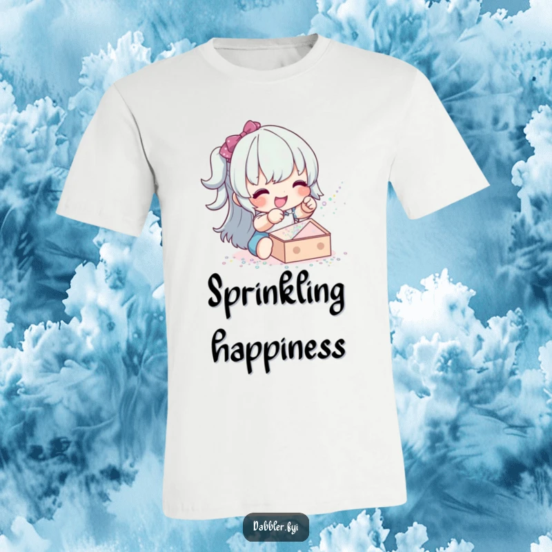 Funny glitter sprinkler t-shirt showing a happy character playfully sprinkling glitter onto a project, embodying joy and sparkle.