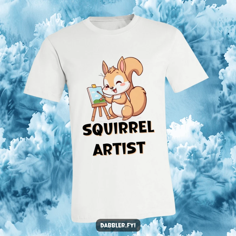 Funny t-shirt with a cheerful squirrel character excitedly painting a tiny picture, showcasing artistic dedication and humor.