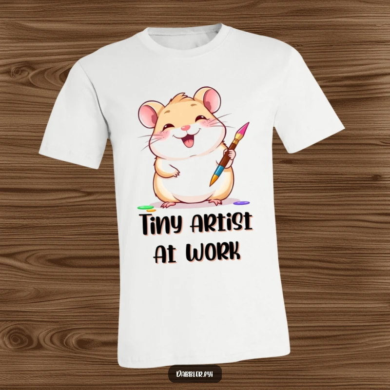 Funny hamster t-shirt featuring a giggling hamster gleefully trying a new paintbrush, a fantastic funny gift.