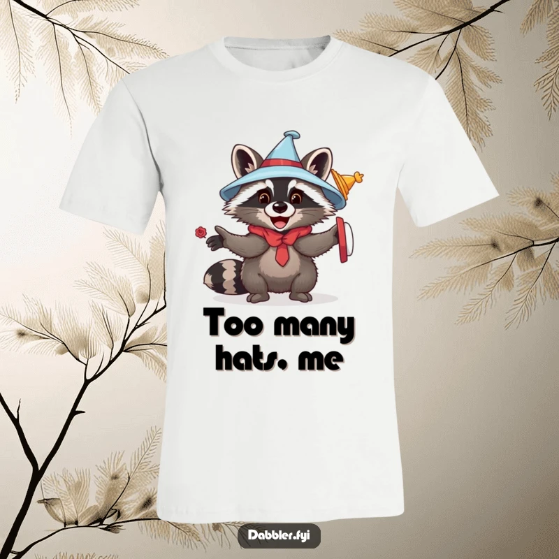 Funny raccoon t-shirt featuring a playful raccoon gleefully trying on many different hats and disguises, showcasing its love for costume changes.