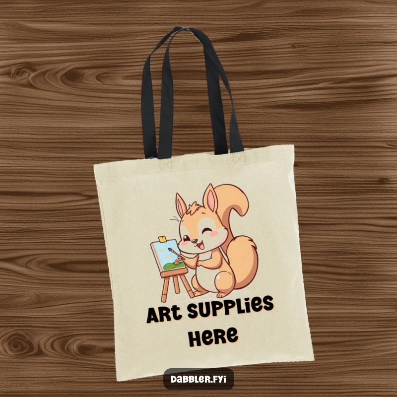 Funny tote bag with a cheerful squirrel character excitedly painting a miniature picture, a charming and humorous accessory.