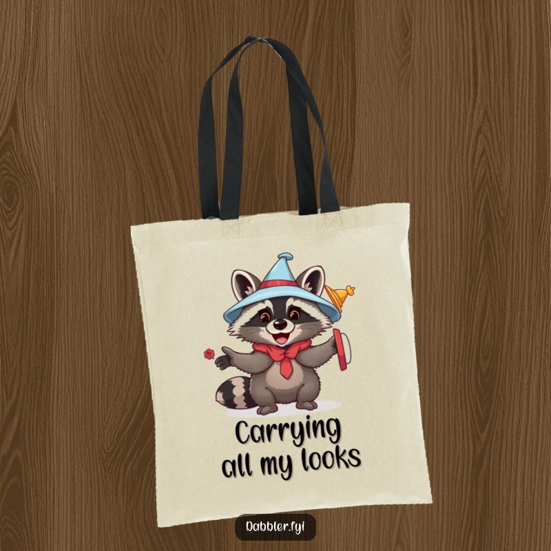 Funny raccoon tote bag featuring a raccoon gleefully trying on different hats and disguises, perfect for carrying essentials with a dose of humor.