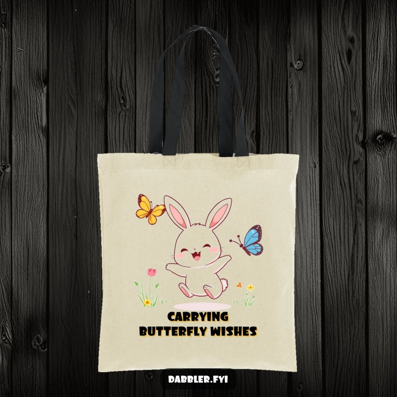 Funny tote bag showing a happy rabbit character leaping towards a fluttering butterfly, perfect for carrying groceries or treasures.