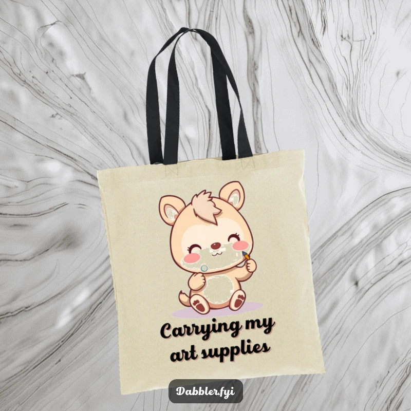 Funny art animal tote bag with a cheerful animal painting a tiny polka dot, ideal for carrying supplies and showing artistic flair.