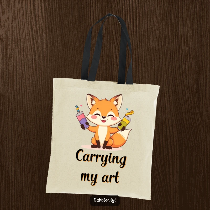 Funny fox art tote bag, playful fox juggling colorful paint tubes, carrying art supplies with humor, functional and funny gift.