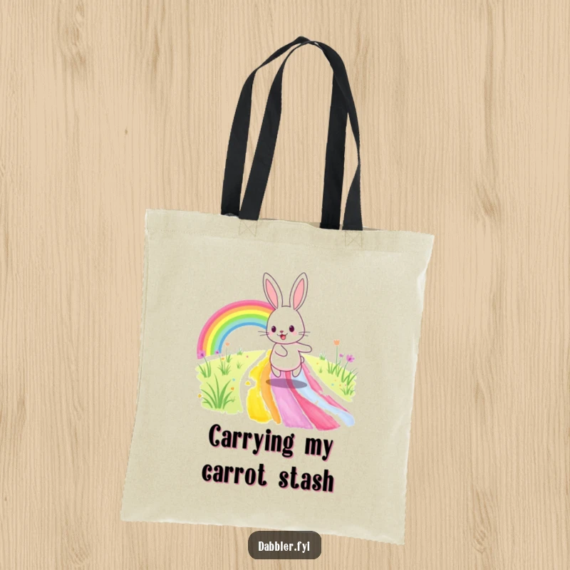 Funny Tote Bag: A happy rabbit skips merrily on a colorful, freshly painted rainbow path, showcasing pure joy and artistic flair.