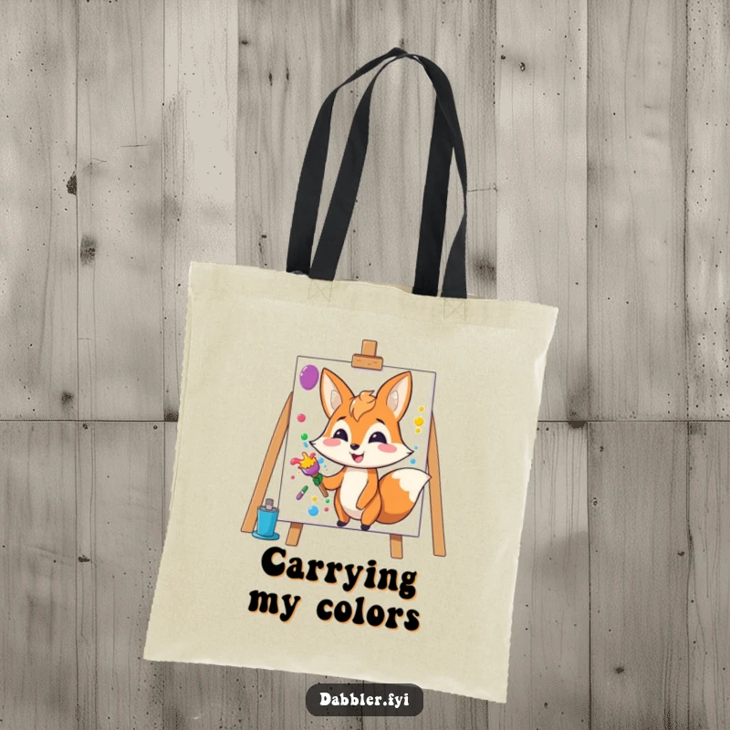 Funny Fox Tote Bag: Happy fox splashes colorful paint onto a blank canvas, perfect for artists.