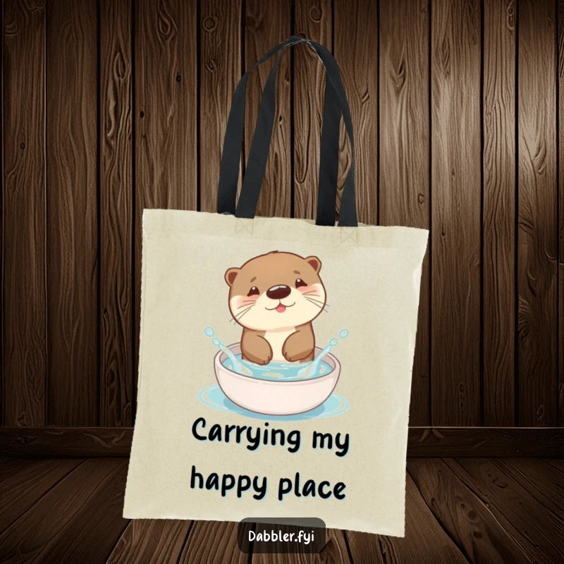 Funny Otter Tote Bag showcasing a happy otter playfully splashing in a brightly colored dish, a functional and amusing accessory.