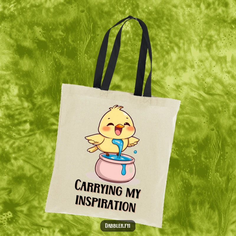 Funny Tote Bag: A joyful bird enthusiastically dips its beak into a pot of blue ink, perfect for carrying art supplies.