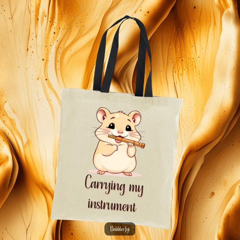 Funny Hamster Tote Bag: A delighted hamster enthusiastically plays a miniature flute, perfect for carrying daily essentials with a musical flair.
