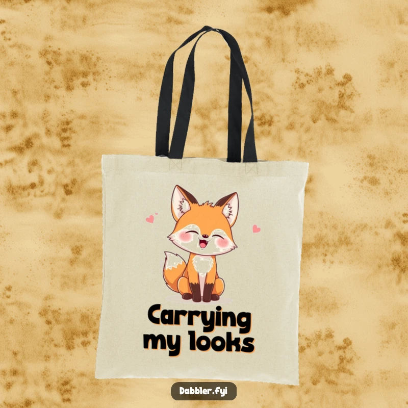 Funny tote bag featuring a giggling fox trying on stylish hats and accessories, practical and a great funny gift.