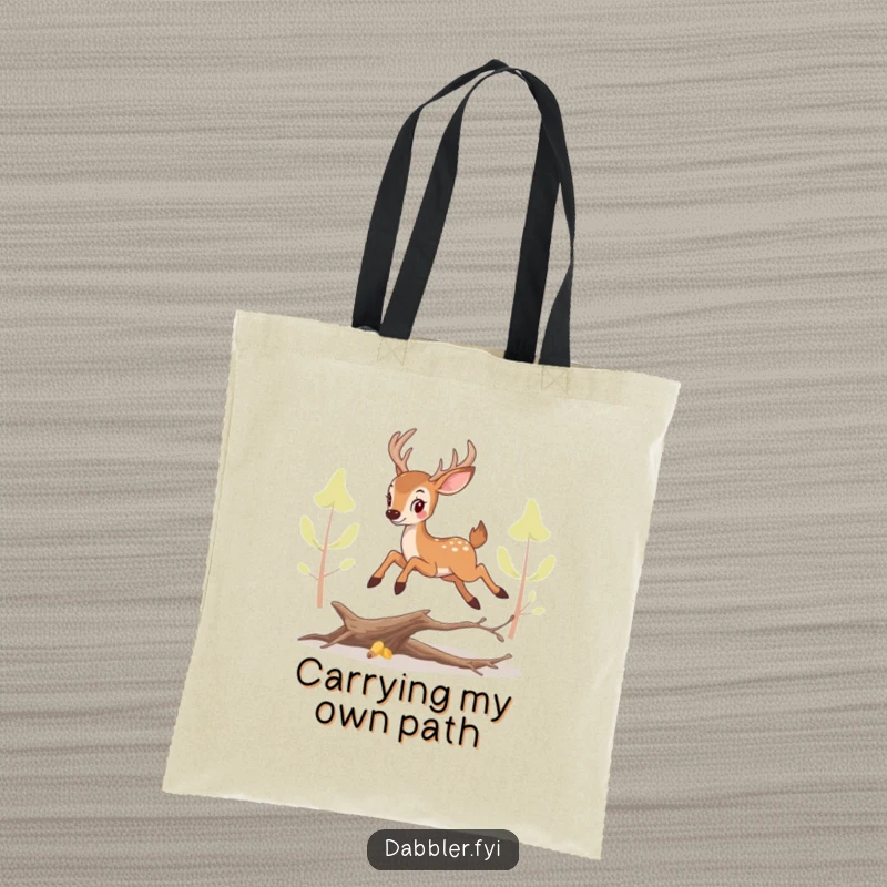 Funny perky deer tote bag, artistically depicting a playful leap over a miniature branch, perfect for errands.