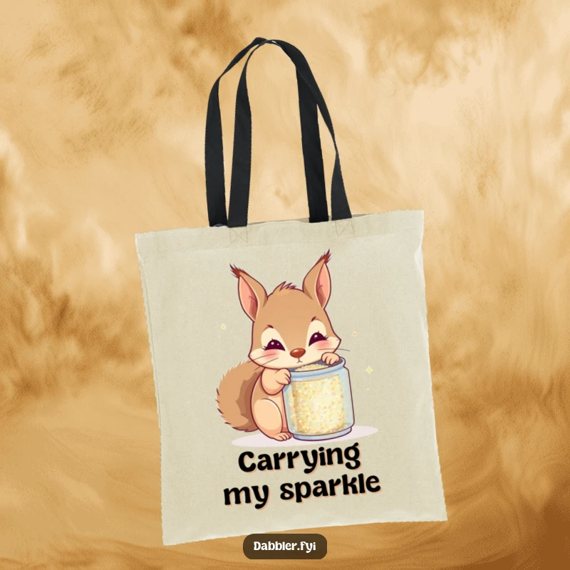 Funny squirrel glitter tote bag, curious squirrel peeking into glitter can, carrying craft supplies with humor, functional and funny gift.