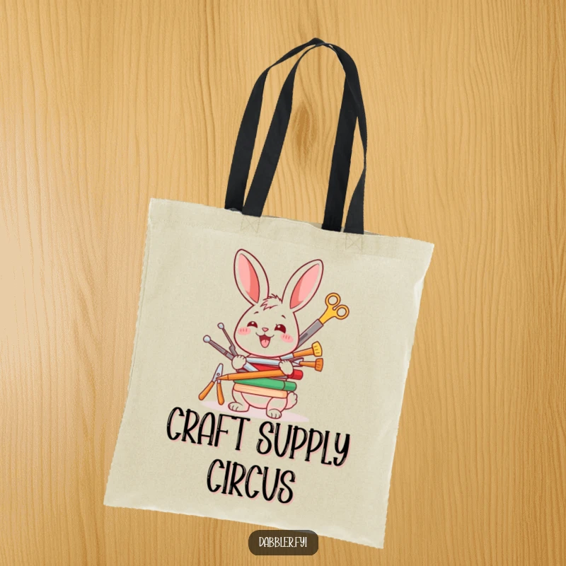 Funny tote bag depicting a cheerful rabbit character enthusiastically balancing a precarious stack of crafting tools, a humorous accessory.