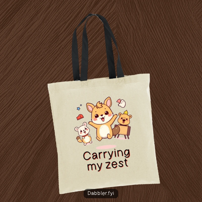 Funny tote bag with an excited animal juggling, gardening, and flying a kite.