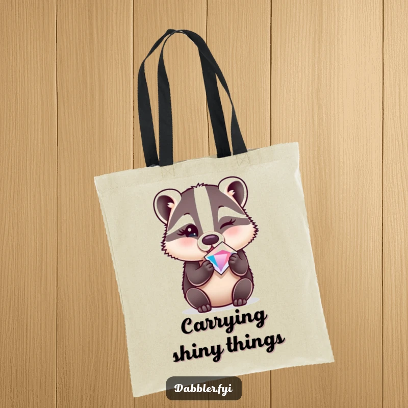 Funny tote bag depicting a surprised badger winking while holding a sparkly gem, perfect for shopping.