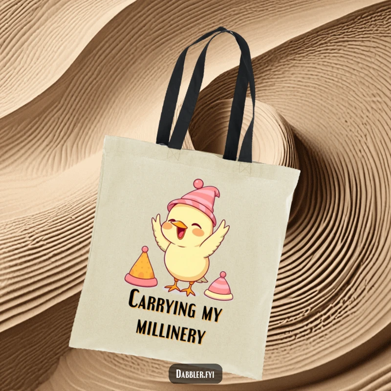 Funny bird tote bag, featuring a bird enthusiastically trying on tiny hats, ideal for stylish shopping.