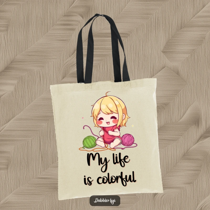 Funny tote bag featuring a lively character engrossed in experimenting with a vibrant array of colorful sewing threads, perfect for craft market trips.