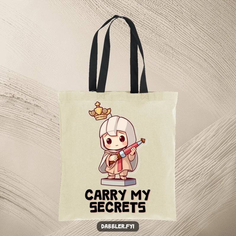 Funny tote bag featuring a mischievous character pretending to be a statue holding a tiny crafting tool, perfect for carrying supplies discreetly.