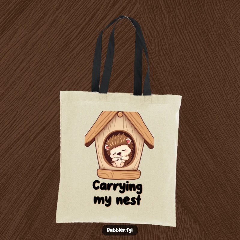 Funny Tote Bag: A sleepy hedgehog character snoozing inside a cozy birdhouse, perfect for carrying relaxing items.