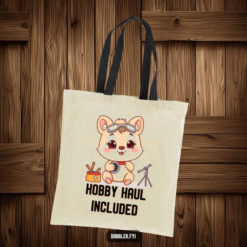 Funny tote bag with a smiling animal character trying a new hobby with wide-eyed enthusiasm, perfect for carrying project supplies.